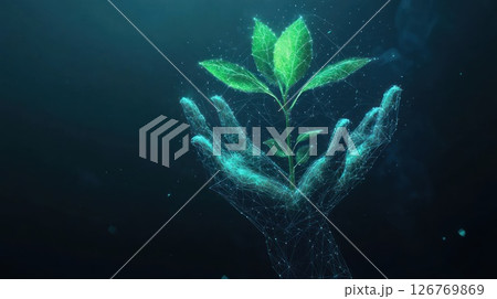 Digital hands nurture a sprout, abstract background 126769869