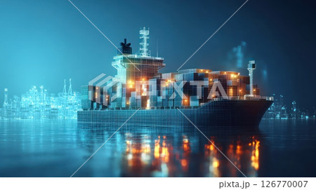 Futuristic Cargo Ship at Night with Cityscape Background 126770007