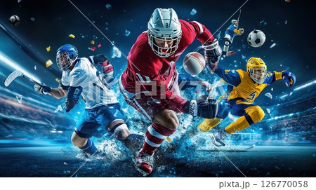 Ice hockey players in action on a dynamic arena with shattered ice 126770058