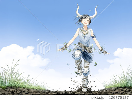 草原を楽しそうに歩くバイソンの妖精のイラスト素材 草原を楽しそうに歩くバイソンの妖精のイラスト素材 126770127