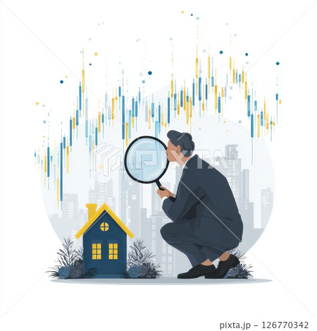 Businessman analyzing real estate market trends with magnifying glass 126770342