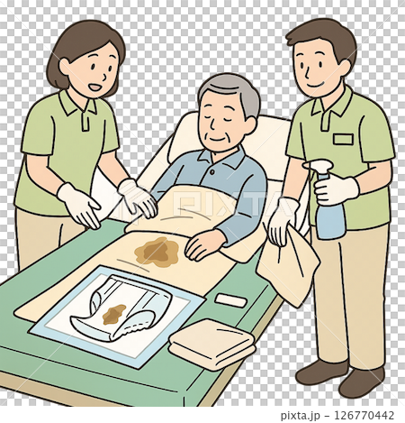 介護士二人が手袋つけて処理中 126770442