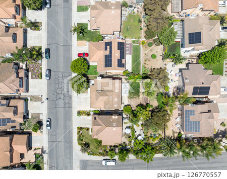 Aerial view of San Marcos neighborhood, with houses and street. South California 126770557