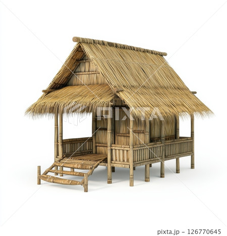 Serene Bamboo House with Straw Roof in Peaceful Nature Setting 126770645