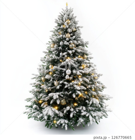 Snowy Decorated Christmas Tree with Lights for Winter Holiday 126770665