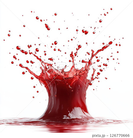 Burst of Cherry Juice Splashes Outward on White Background Burst of Cherry Juice Splashes Outward on White Background 126770666