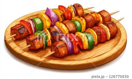 Colorful BBQ Skewers Platter with Chicken, Beef, and Vegetables 126770830