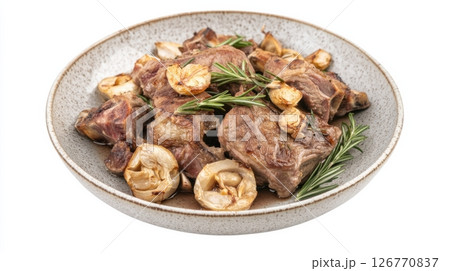 Slow Roasted Lamb Shank with Rosemary and Garlic in Plate 126770837