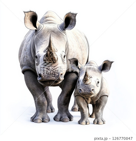Sweet Watercolor Drawing of Baby Rhinoceros with Mother Rhino 126770847
