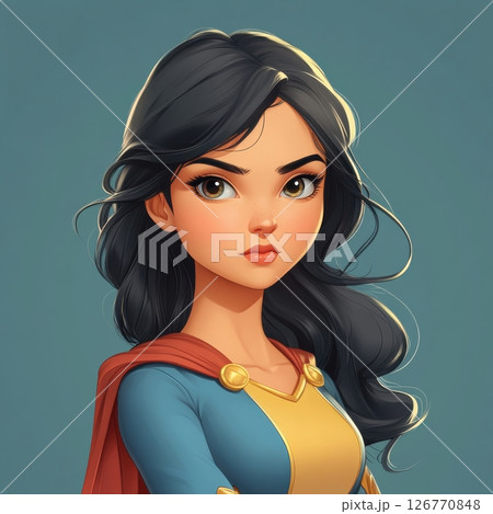 Cartoon Girl Hero Character with Long Hair and Colorful Costume 126770848