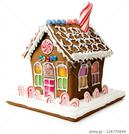 Delightful Gingerbread House Design with Candy Windows and Roof 126770849