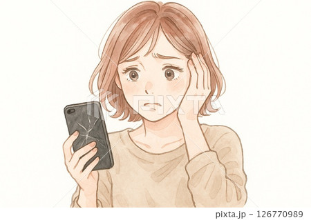 スマホ画面割れに焦る女性の水彩イラスト（横長3:2白背景） 126770989