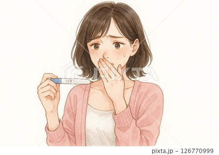 妊娠検査薬に戸惑う女性のイラスト（横長3:2・白背景） 126770999