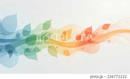 青、緑、オレンジ、赤のさまざまな色合いの葉をあしらった抽象的で流れるようなデザイン	 126771222