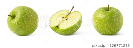 Green Granny Smith apples isolated with water drops. Green apple and a half with droplets. 126771258