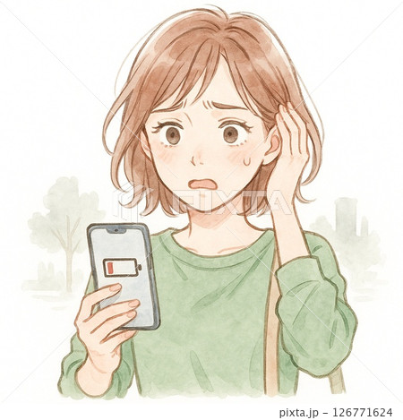 スマホ電池切れに焦る女性の水彩イラスト（横長3:2） 126771624