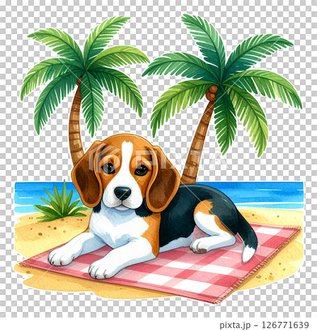 一隻小獵犬在棕櫚樹環繞的沙灘上休息的插圖 2/傳單或海報材料 126771639