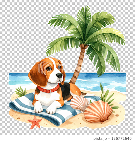 一隻小獵犬在棕櫚樹環繞的沙灘上休息的插圖 1 / 傳單或海報材料 126771640