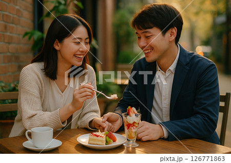 幸せなデートのひととき|デザートをシェアするカップルの笑顔と親密さ 幸せなデートのひととき|デザートをシェアするカップルの笑顔と親密さ 126771863