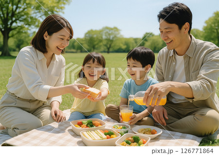 家族で楽しむピクニックランチ｜青空の下で笑顔あふれる安心感のある食事シーン 126771864