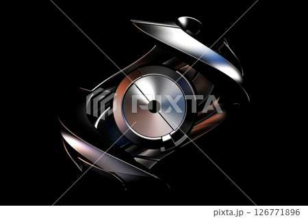 Abstract black and white art of surreal monochrome metal 3d mechanical industrial cyber in spiral twisted structure in matte aluminium metal material on grey background. 3d rendering 126771896