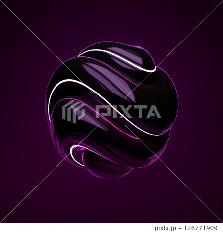 Abstract art with surreal 3d organic ball in curve wavy smooth and soft bio forms in matte aluminium metal material inside glass sphere with blue light on black background. 3d rendering 126771909