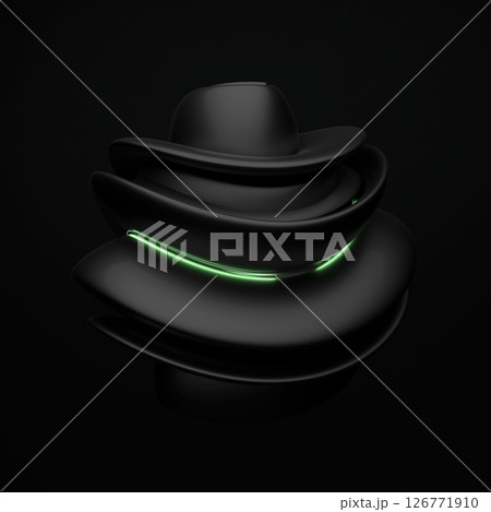 Art 3d sculpture with surreal alien dark flower in curve wavy spherical biological lines forms in matte black rubber material on isolated black background. Abstract black hat with green light effect. 126771910