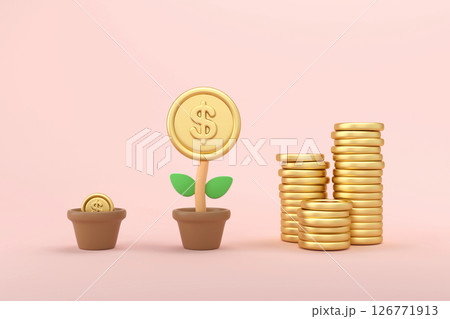 3d money tree with golden coin flower in pot on orange background. Business profit investment, finance education, earning income, business development concept. 3d rendering 3d money tree with golden coin flower in pot on orange background. Business profit investment, finance education, earning income, business development concept. 3d rendering 126771913