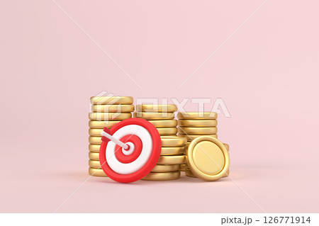 Red target and arrows with stacks coins on pink background. Business finance target investment goals, Marketing time and Targeting the business. 3d rendering Red target and arrows with stacks coins on pink background. Business finance target investment goals, Marketing time and Targeting the business. 3d rendering 126771914