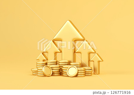 Gold up arrow and coin stacks on yellow background. Financial success and growth concept. finance savings investment concept .3d rendering Gold up arrow and coin stacks on yellow background. Financial success and growth concept. finance savings investment concept .3d rendering 126771916