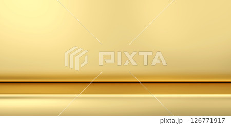 Gold steel countertop, empty shelf. 3d realistic mockup of table top, Golden kitchen counter on background with spot light. product display with copy space for display of content design. 3d rendering 126771917