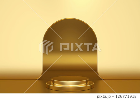 Gold product background stand or podium pedestal on advertising display. Studio mock up background for product presentation, with circle shapes, podium on the floor. minimal style.3D rendering. 126771918