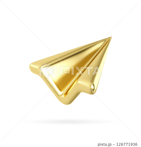 3D gold paper plane. Send email or message concept. Online social media. Realistic design illustration isolated on white background. 3d send icon .3D Rendering 126771936