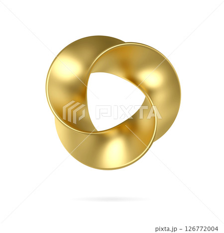 3d gold mobius strip ring sacred geometry. Front view of cover design isolate on white background. Minimal art, abstract digital illustration. 3d rendering 126772004