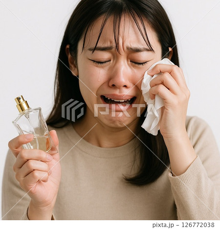 白背景で壊れた香水瓶に涙する女性写真素材 126772038