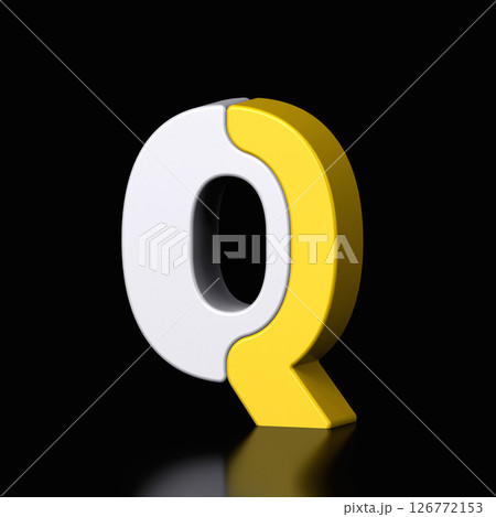 3d letter Q plastic yellow and white from alphabet isolated in a black background. Hi tech metallic font character design illustration, text minimal style, 3d rendering 126772153