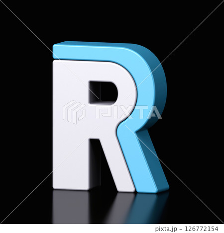 3d letter R plastic light blue and white from alphabet isolated in a black background. Hi tech metallic font character design illustration, text minimal style, 3d rendering 126772154