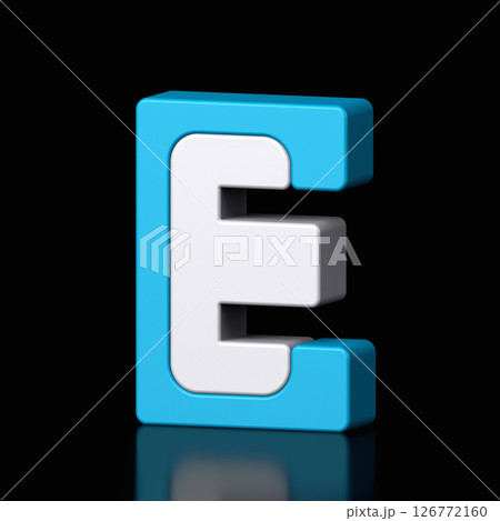 3d letter E plastic light blue and white from alphabet isolated in a black background. Hi tech metallic font character design illustration, text minimal style, 3d rendering 126772160