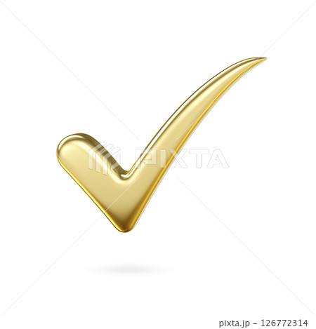 3d gold metal check mark icon. check list button choice for right, success, tick select, accept, agree on application, 3D rendering 126772314