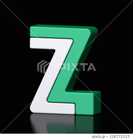 3d letter Z plastic green and white from alphabet isolated in a black background. Hi tech metallic font character design illustration, text minimal style, 3d rendering 126772325