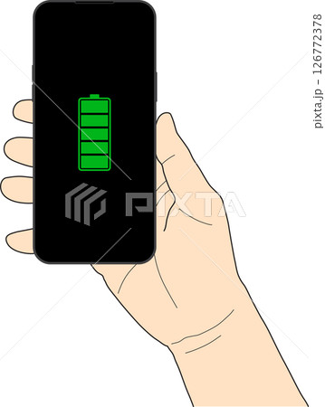 illustration of right hand holding smartphone with full battery icon on screen  transparent background 126772378
