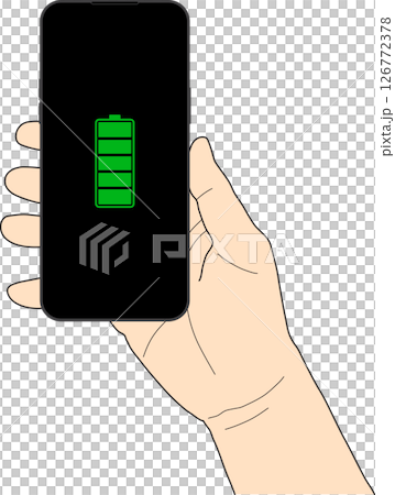 illustration of right hand holding smartphone with full battery icon on screen  transparent background 126772378