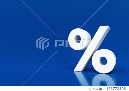 White percentage mark symbol on blue background with blurred reflection on floor, 3d rendering White percentage mark symbol on blue background with blurred reflection on floor, 3d rendering 126772398