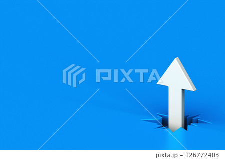 White arrow breaking through from blue floor, 3d white arrow out of broken ground, 3d rendering 126772403