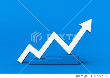 Graph arrow up on stair. Growing white arrow with stair on blue background. Simple white graph. Concept of growth and increase. Three-dimensional indicator arrow. 3d rendering. 126772405