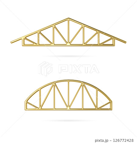 Gold metal truss icon. Roof metal trusses constructions. Set of roofing steel frames. 3d architectural blueprint. 3d rafter symbol. Illustration for engineering education. 3d rendering 126772428