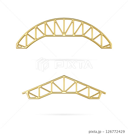 Gold metal truss icon. Roof metal trusses constructions. Set of roofing steel frames. 3d architectural blueprint. 3d rafter symbol. Illustration for engineering education. 3d rendering Gold metal truss icon. Roof metal trusses constructions. Set of roofing steel frames. 3d architectural blueprint. 3d rafter symbol. Illustration for engineering education. 3d rendering 126772429