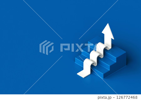White arrow following the stairs of growth on blue background, 3D arrow climbing up over a staircase , 3d stairs with arrow going upward, 3d rendering 126772468