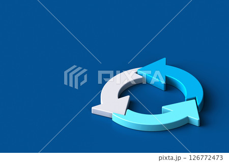 Three arrows update symbol, 3d Rotate circle symbol, 3d refresh icon on blue background. 3d rendering 126772473
