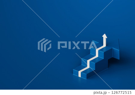 Blue abstract arrow and stairs design symbolizing growth and progress on blue background, 3d rendering 126772515